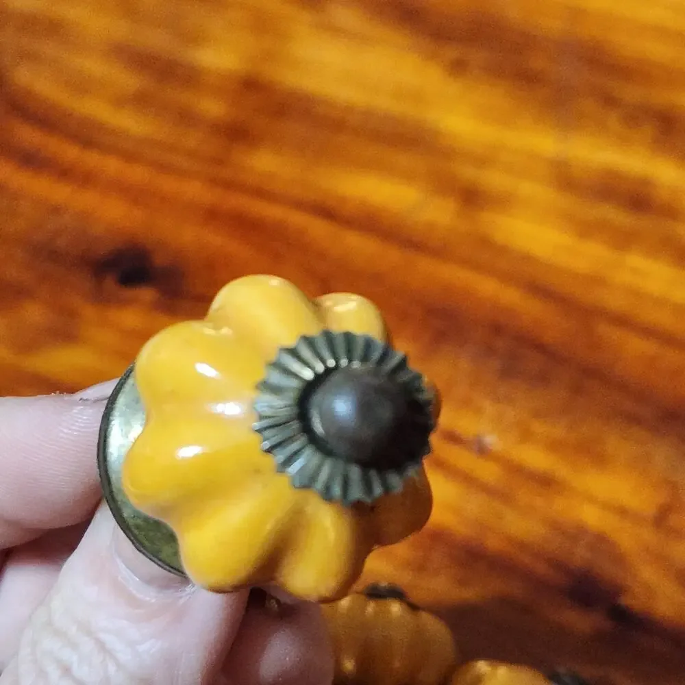 4 Light Orange Ceramic Melon Knobs Vtg Drawer Pulls Cabinet DIY Dresser Vanity